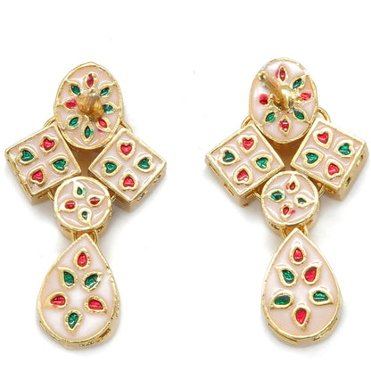 A pair of gold-plated statement earrings featuring white mother-of-pearl teardrop drops and square panels decorated with red and green enamel accents, set against a plain white background.