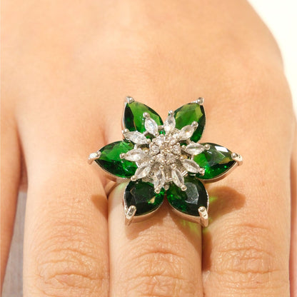 Silver Plated Green American Diamond Floral Statement Ring