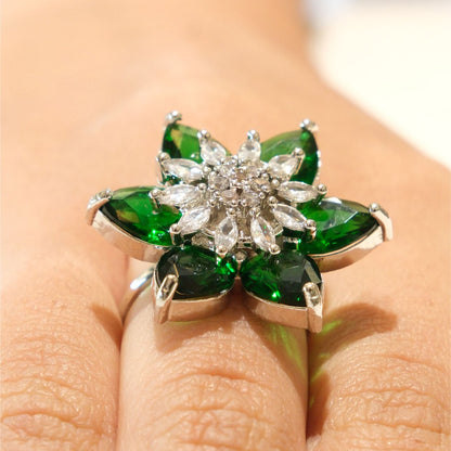Silver Plated Green American Diamond Floral Statement Ring