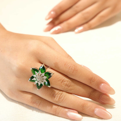 Silver Plated Green American Diamond Floral Statement Ring
