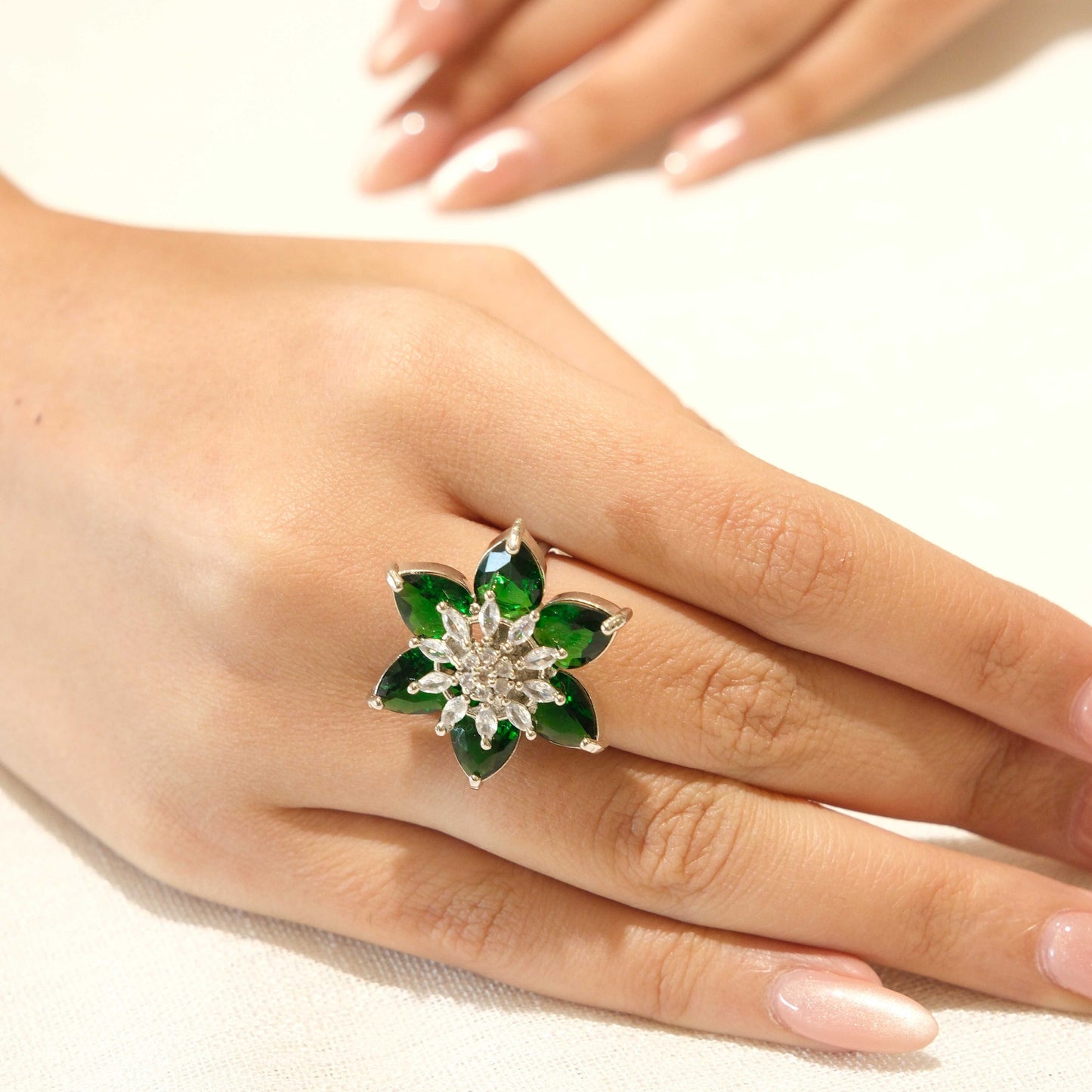 Silver Plated Green American Diamond Floral Statement Ring