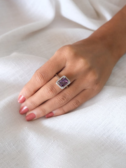 Purple Halo Square Stone American Diamond Ring