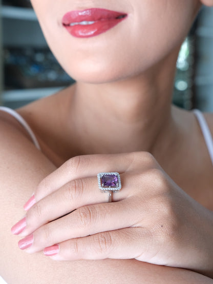 Purple Halo Square Stone American Diamond Ring