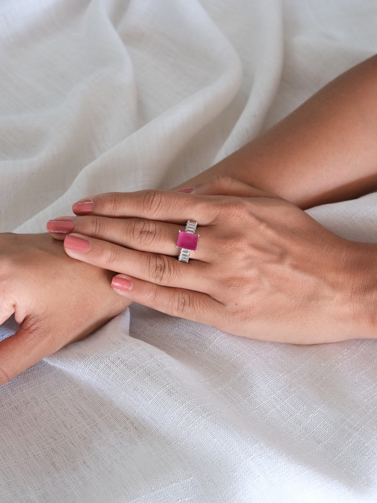 Pink Cushion Stone American Diamond Ring