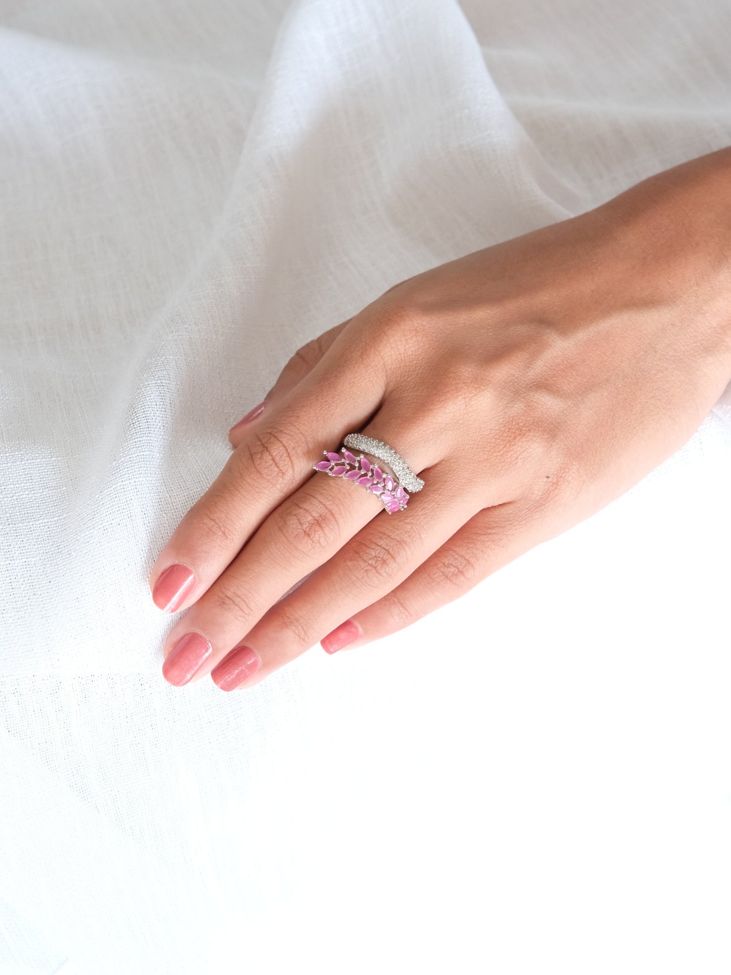 Pink Leaf Design American Diamond Ring