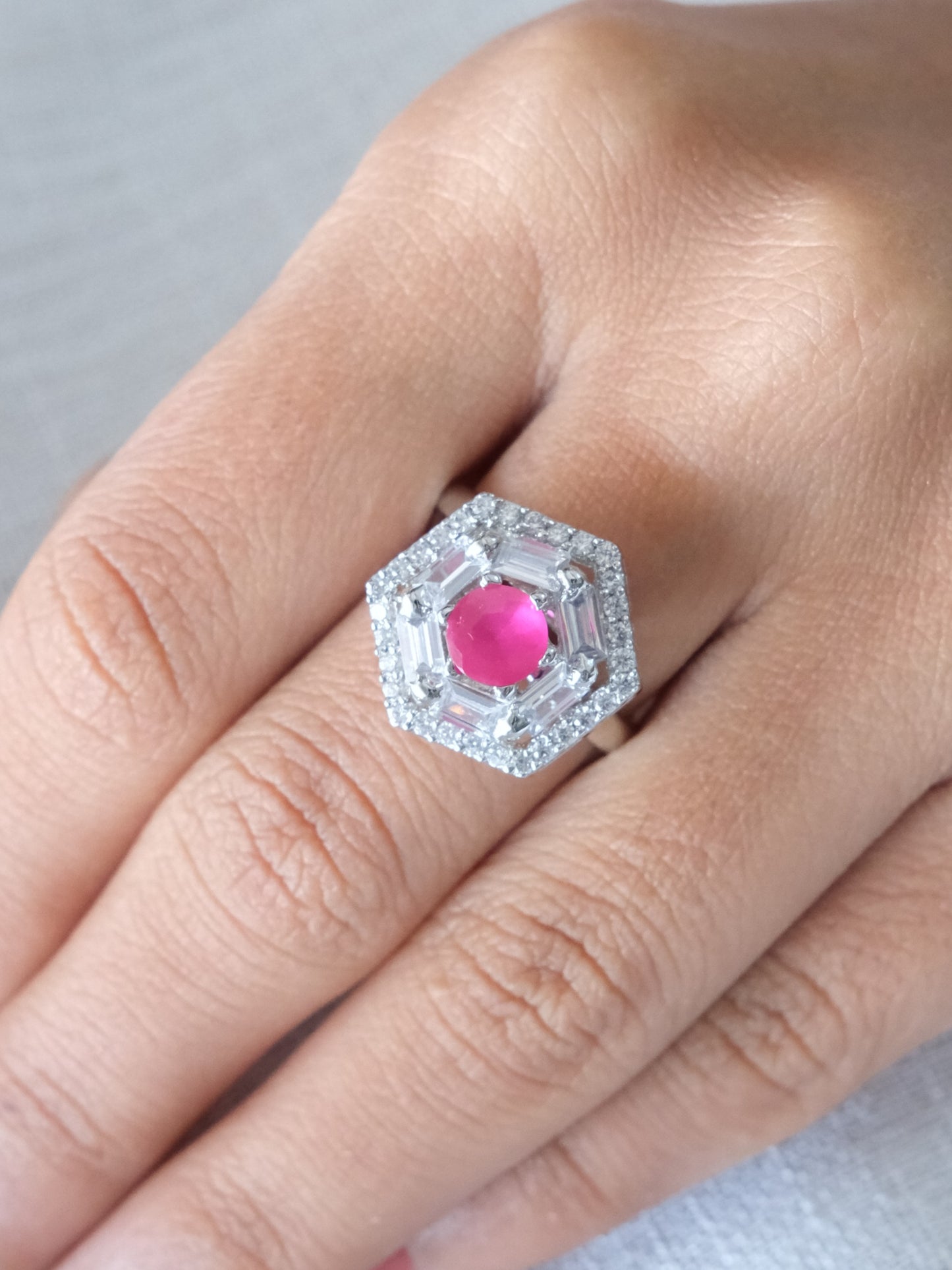 Pink Hexagon Halo American Diamond Ring