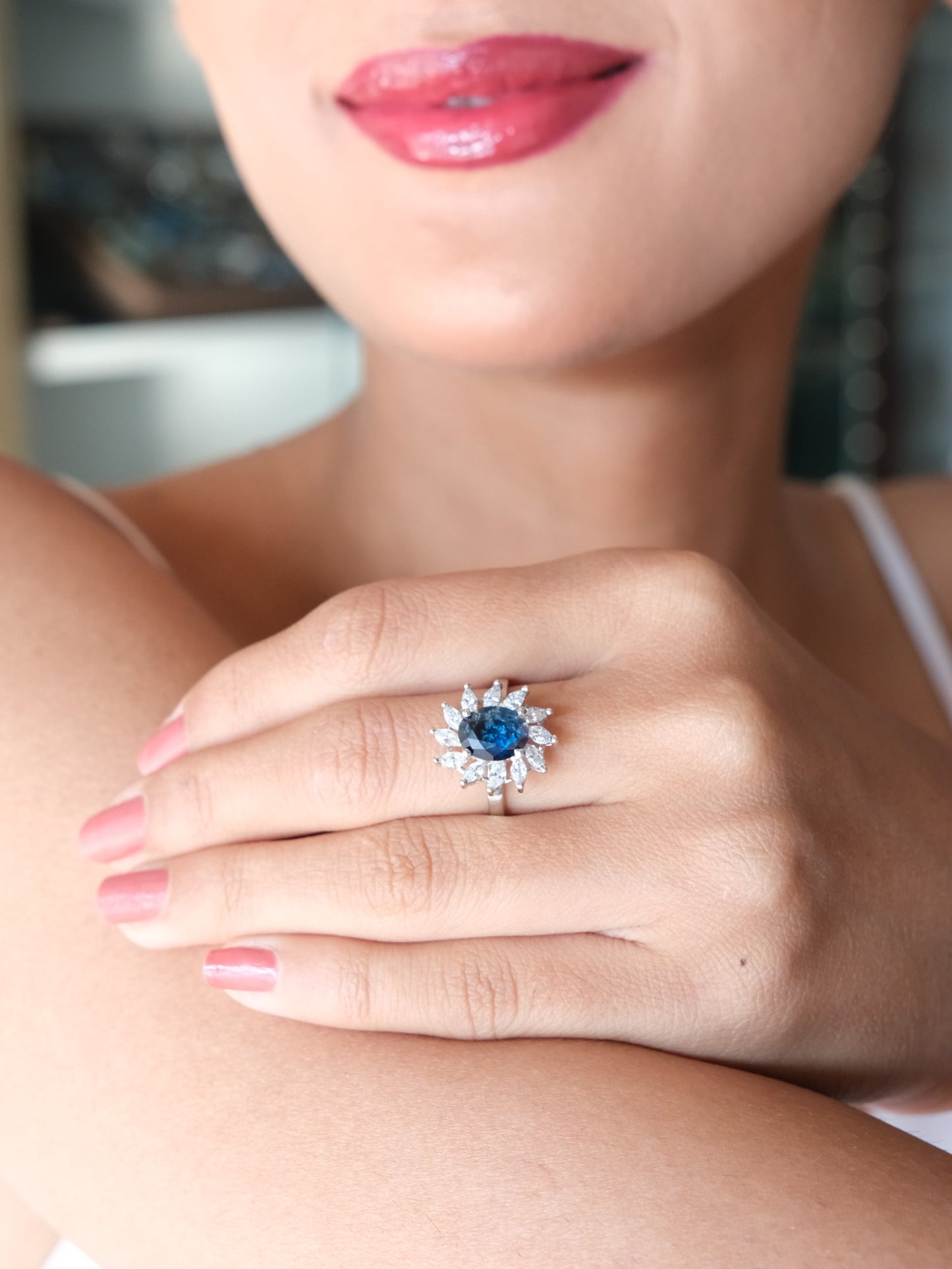 Blue Floral Halo American Diamond Ring