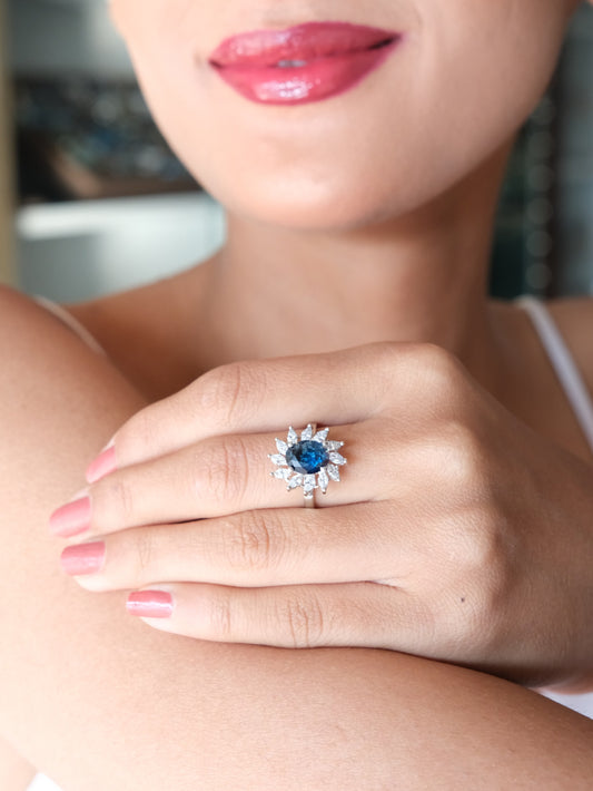Blue Floral Halo American Diamond Ring