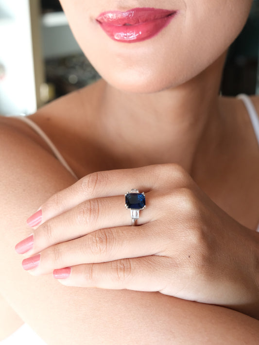 Blue Rectangle Stone American Diamond Ring