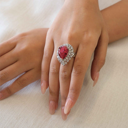Silver Plated Red American Diamond Oval Halo Ring