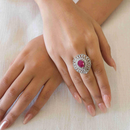 Rhodium Plated Pink American Diamond Halo Statement Ring