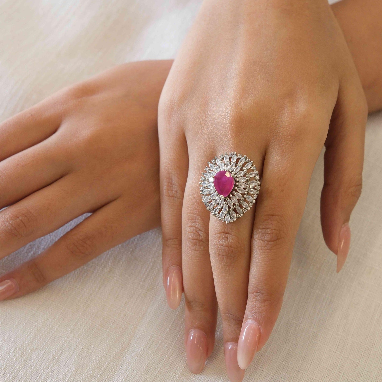 Rhodium Plated Pink American Diamond Halo Statement Ring