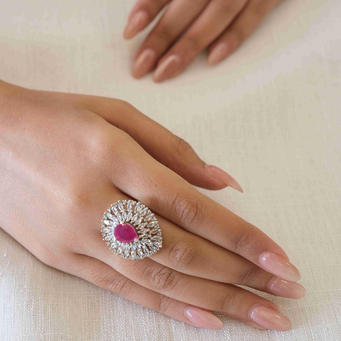 Rhodium Plated Pink American Diamond Halo Statement Ring