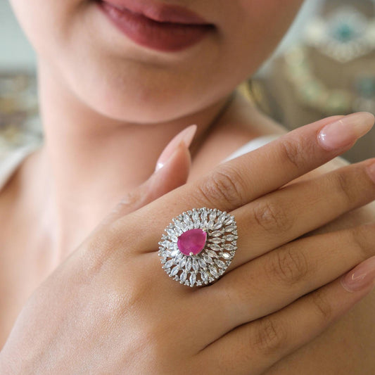 Rhodium Plated Pink American Diamond Halo Statement Ring