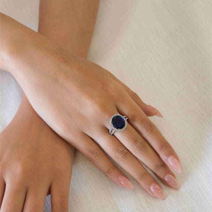 Silver Plated Blue American Diamond Round Halo Ring