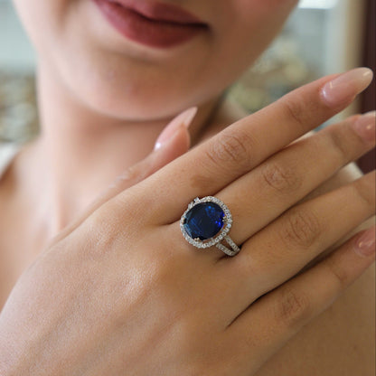 Silver Plated Blue American Diamond Round Halo Ring