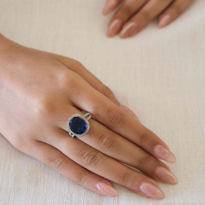 Silver Plated Blue American Diamond Round Halo Ring