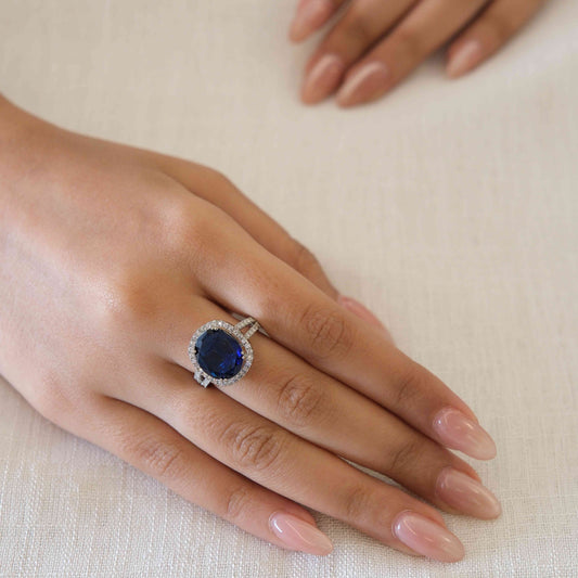 Silver Plated Blue American Diamond Round Halo Ring