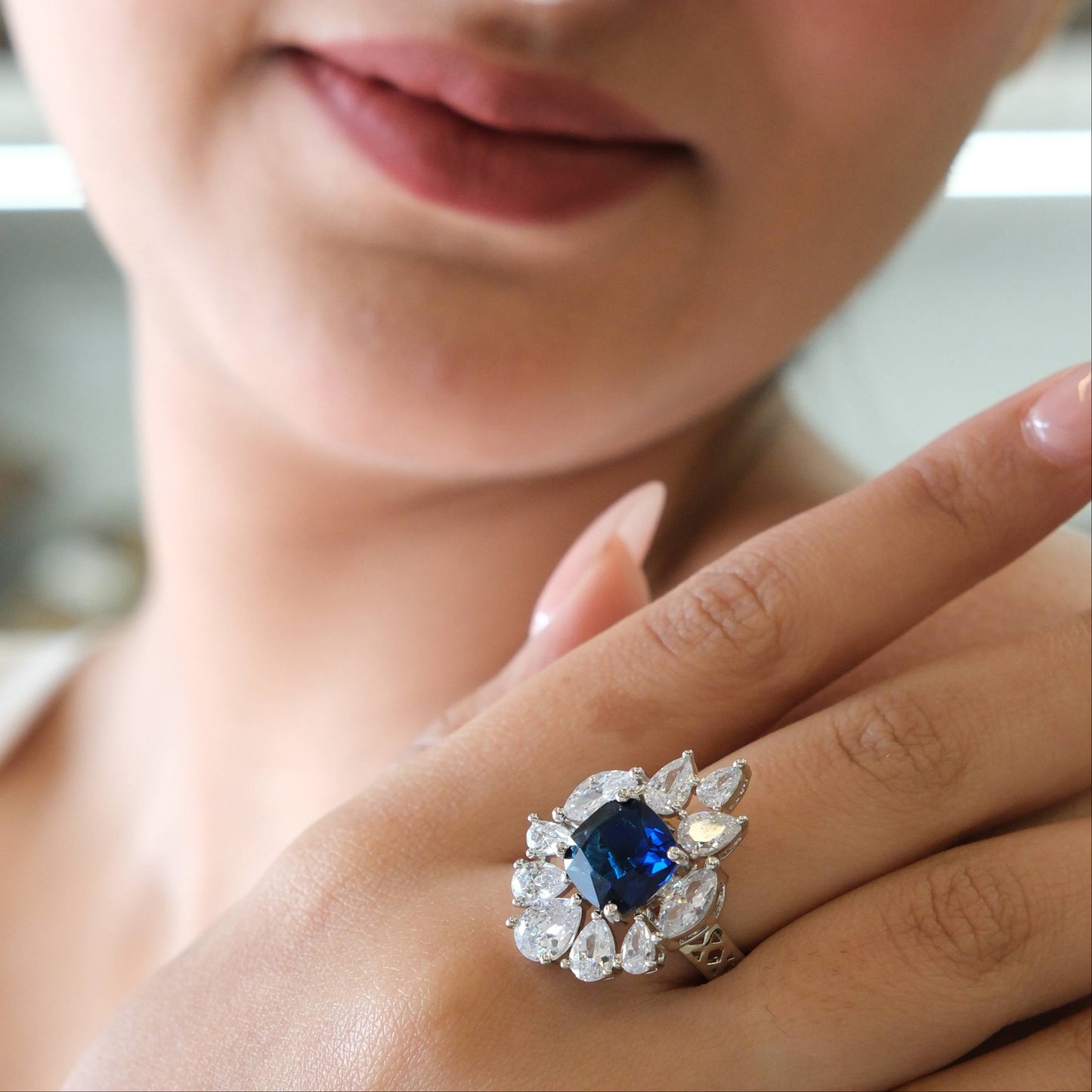 Silver Plated Blue American Diamond Floral Statement Ring