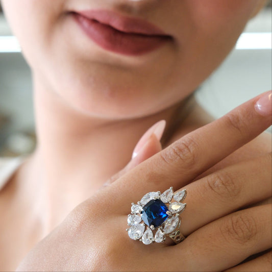 Silver Plated Blue American Diamond Floral Statement Ring