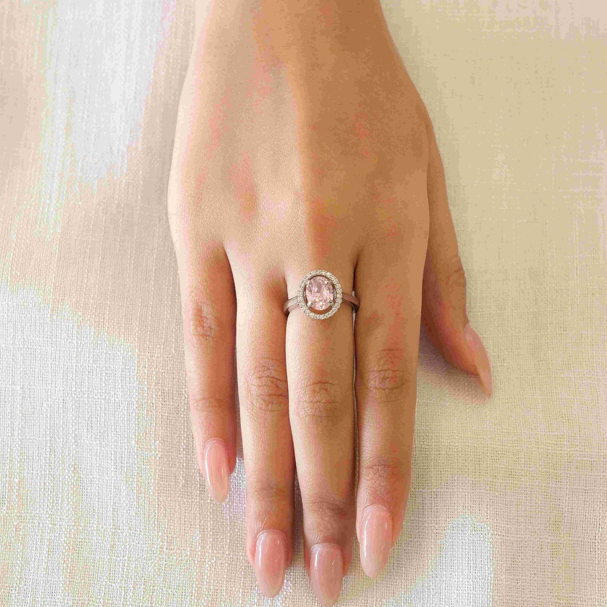 Rhodium Plated Light Pink American Diamond Round Halo Ring