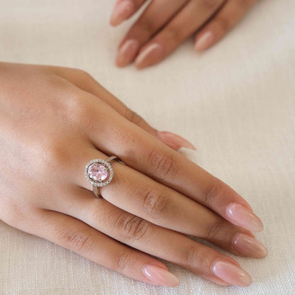 Rhodium Plated Light Pink American Diamond Round Halo Ring