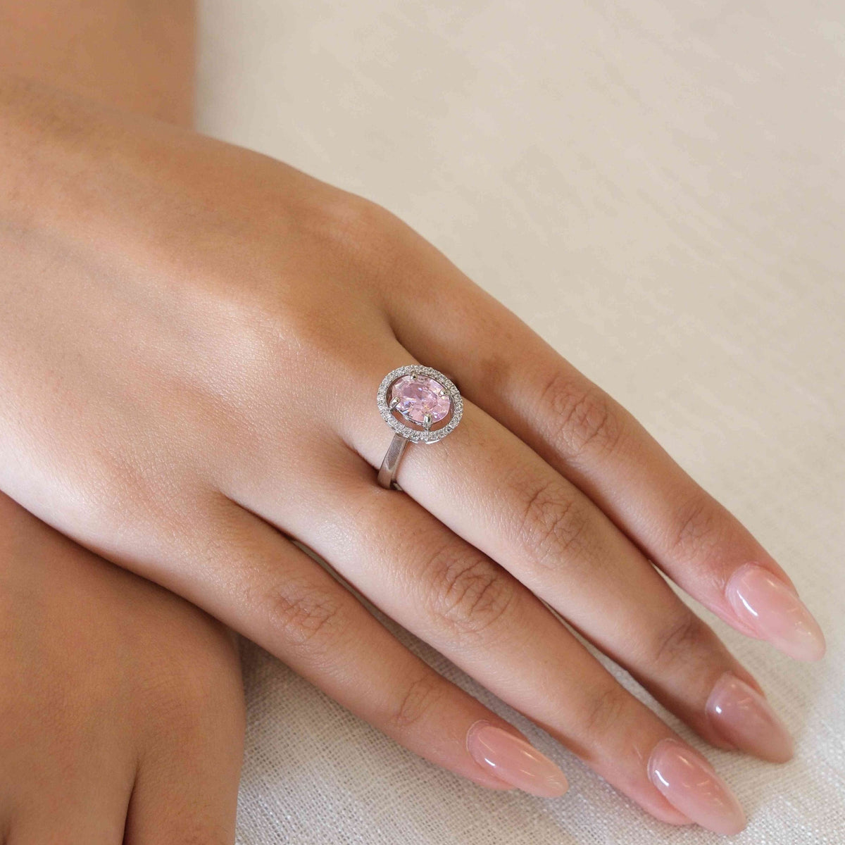 Rhodium Plated Light Pink American Diamond Round Halo Ring