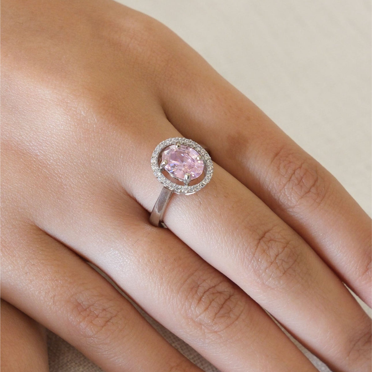 Rhodium Plated Light Pink American Diamond Round Halo Ring
