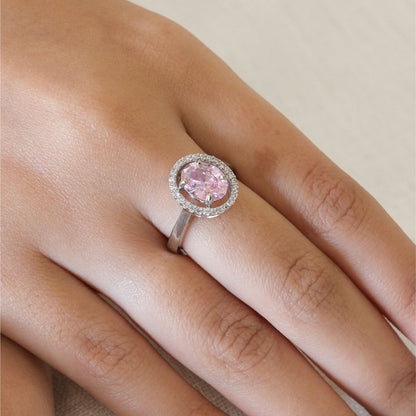Rhodium Plated Light Pink American Diamond Round Halo Ring