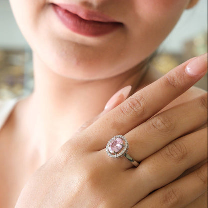 Rhodium Plated Light Pink American Diamond Round Halo Ring