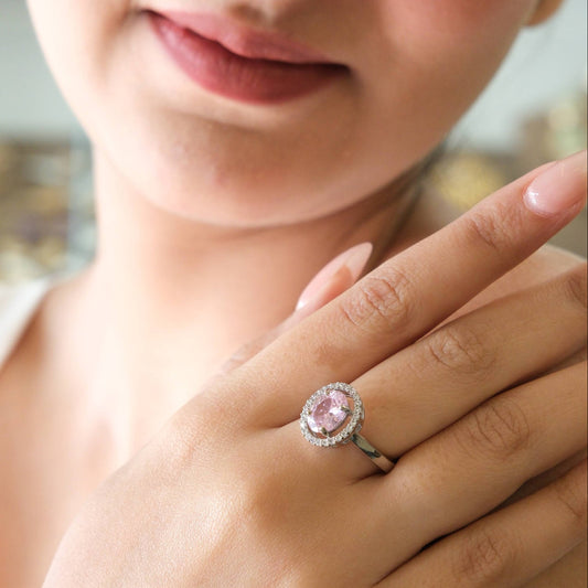 Rhodium Plated Light Pink American Diamond Round Halo Ring