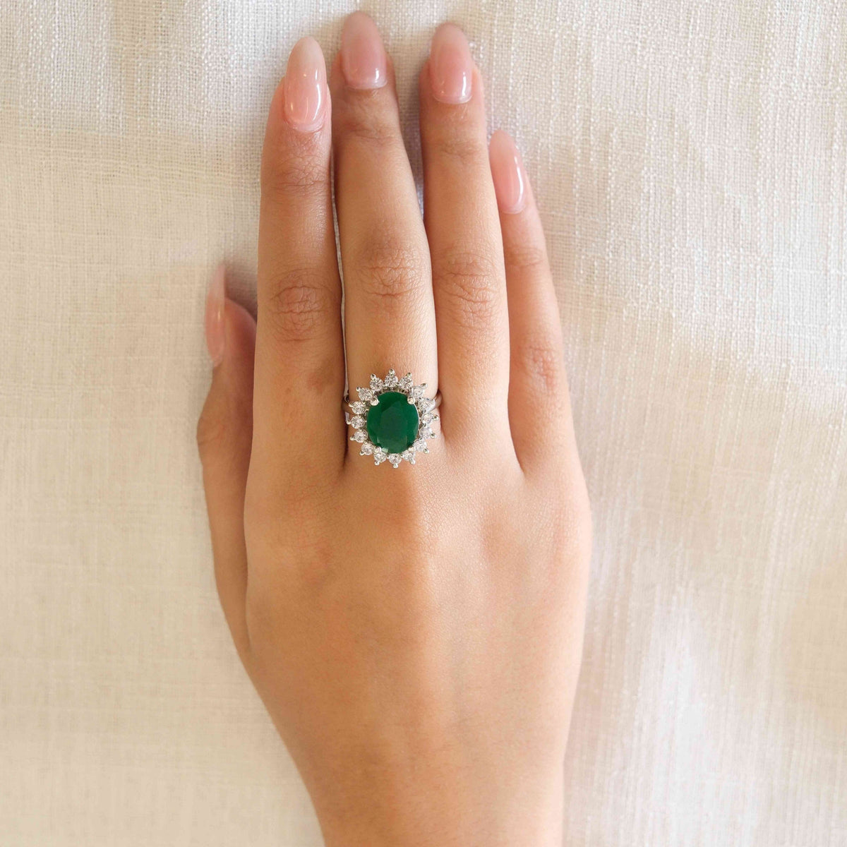 Rhodium Plated Green American Diamond Floral Halo Ring