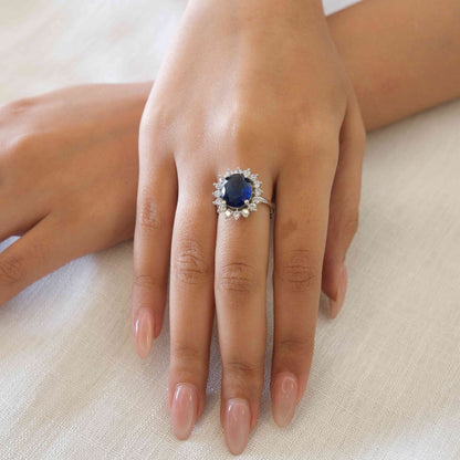 Rhodium Plated Blue American Diamond Floral Halo Ring