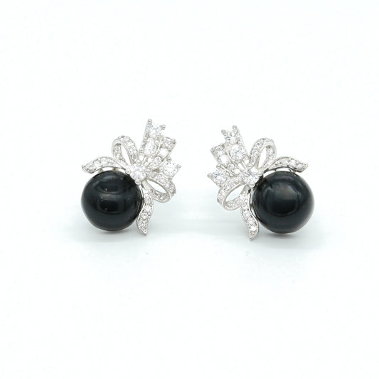 Black Pearl Bow Design Stud Earrings for Women