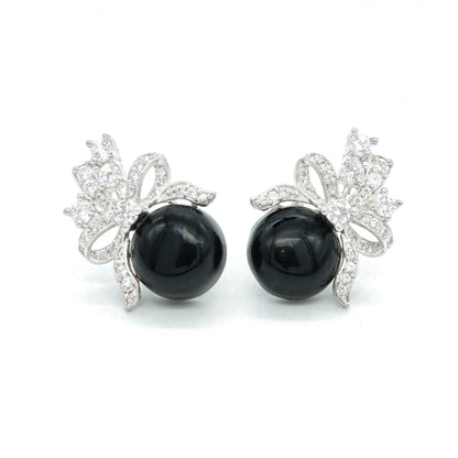 Black Pearl Bow Design Stud Earrings for Women
