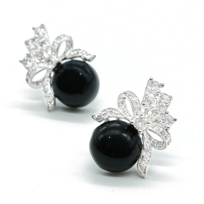 Black Pearl Bow Design Stud Earrings for Women