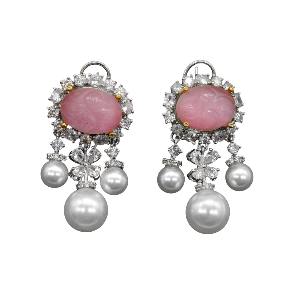 Pink Stone Pearl Drop Earrings