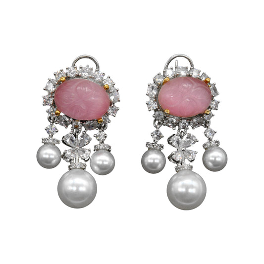 Pink Stone Pearl Drop Earrings