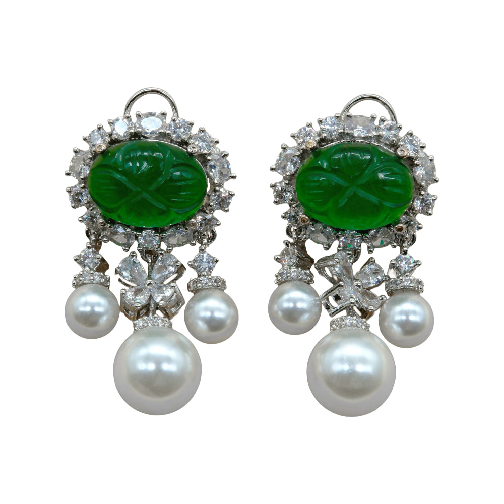 Green Stone Pearl Drop Earrings