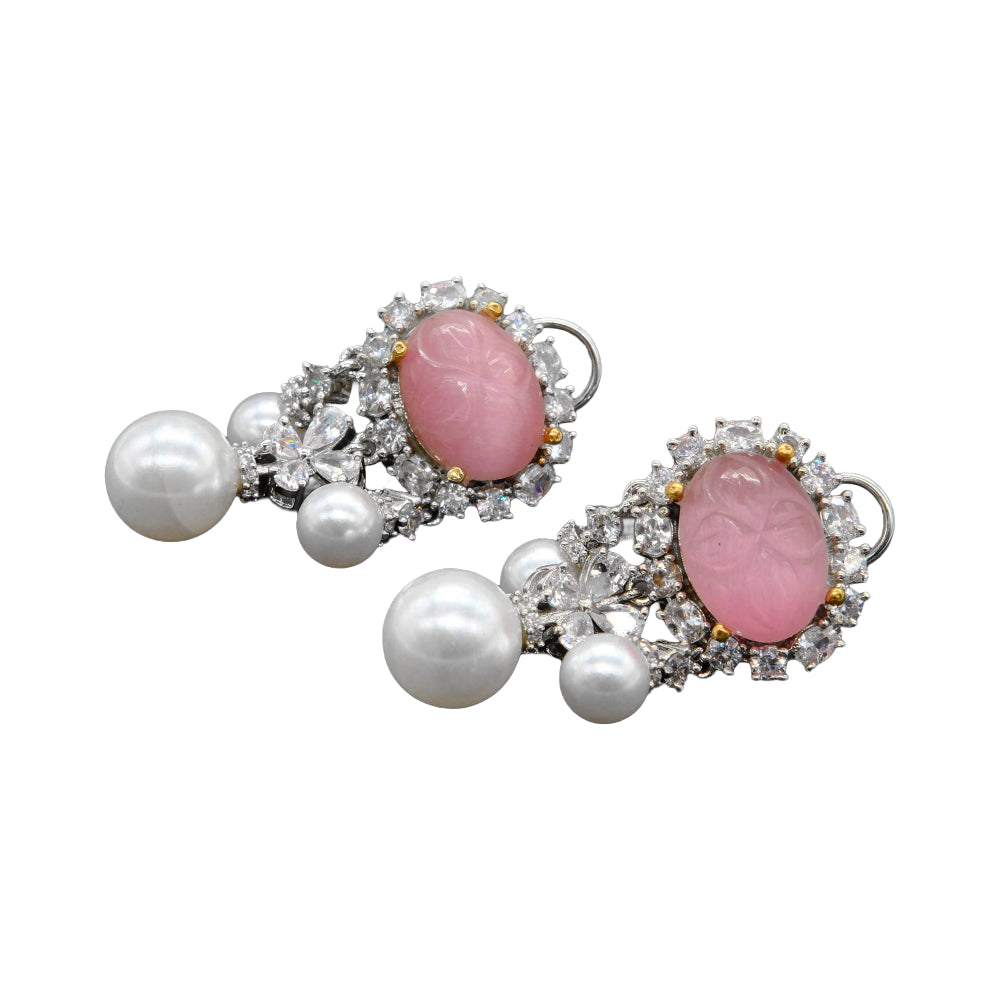 Pink Stone Pearl Drop Earrings
