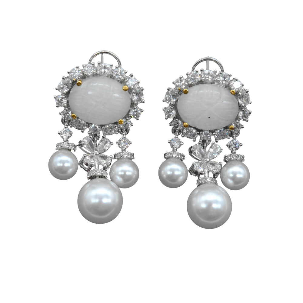 White Stone Pearl Drop Earrings