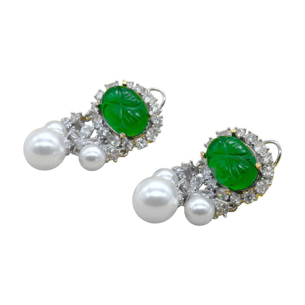 Green Stone Pearl Drop Earrings