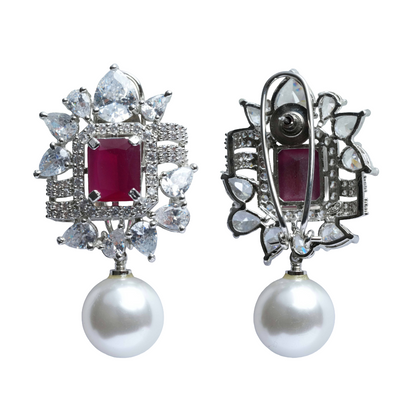Ruby Stone Pearl Drop Earrings for Women