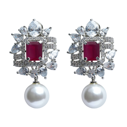 Ruby Stone Pearl Drop Earrings for Women