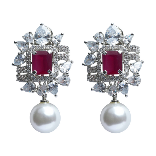 Ruby Stone Pearl Drop Earrings for Women