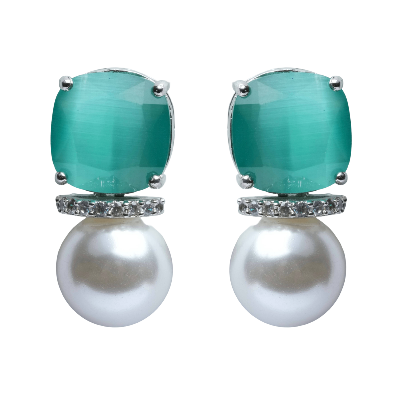 Teal Green Stone Pearl Drop Earrings for Women