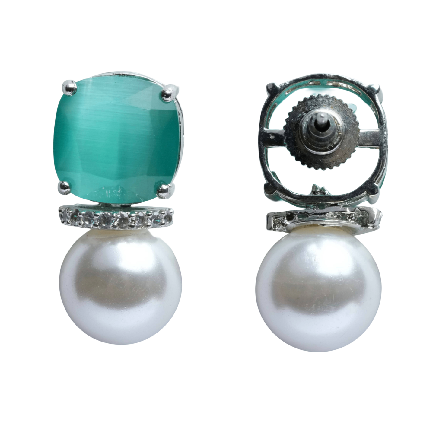 Teal Green Stone Pearl Drop Earrings for Women