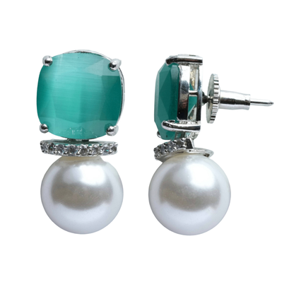 Teal Green Stone Pearl Drop Earrings for Women