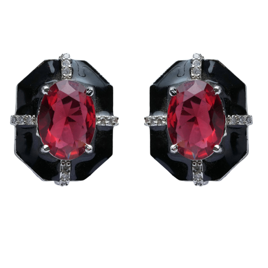 Black Base Red Stone Stud Earrings for Women