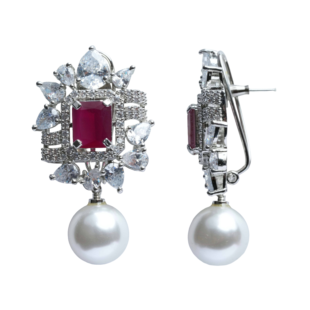Ruby Stone Pearl Drop Earrings for Women